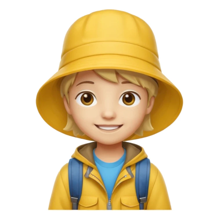 Little student wears yellow bucket hat and jacket, backpack, happ sticker