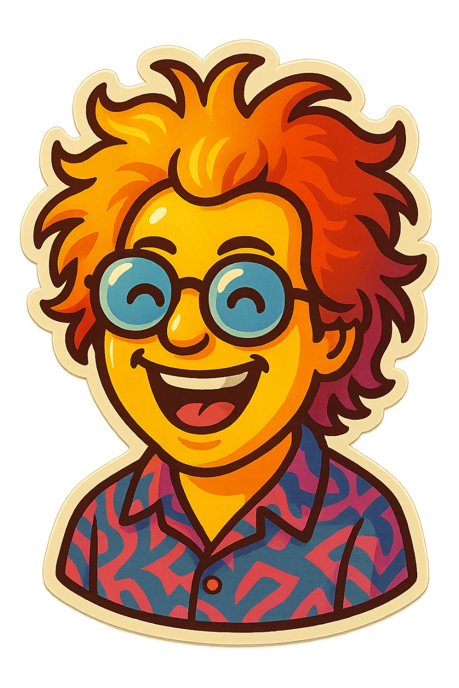 Create an emoji based on this person's appearance, focusing on the wild hair, glasses, and patterned shirt. Use a fun, expressive style suitable for emoji, in a retro stickers style. sticker