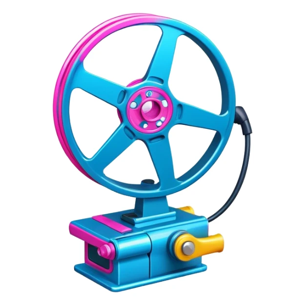 Bright, colorful icon symbolizing Animation and Motion Design with a transparent background. Include a dynamic motion effect, such as a spinning film reel or a stylized character in motion. Use vibrant colors like neon blue, pink, and yellow, with a modern, techy feel.  sticker