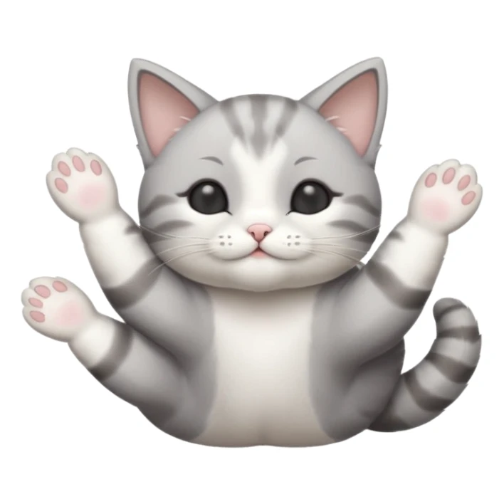 grey and white small cat with eyes closed lying down upside down with paws stretched out straight in different directions sticker