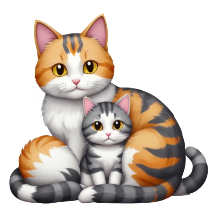 full body colourful light patched calico + white tabby cat cuddling a bigger cat that is dark grey and white tabby cat  sticker