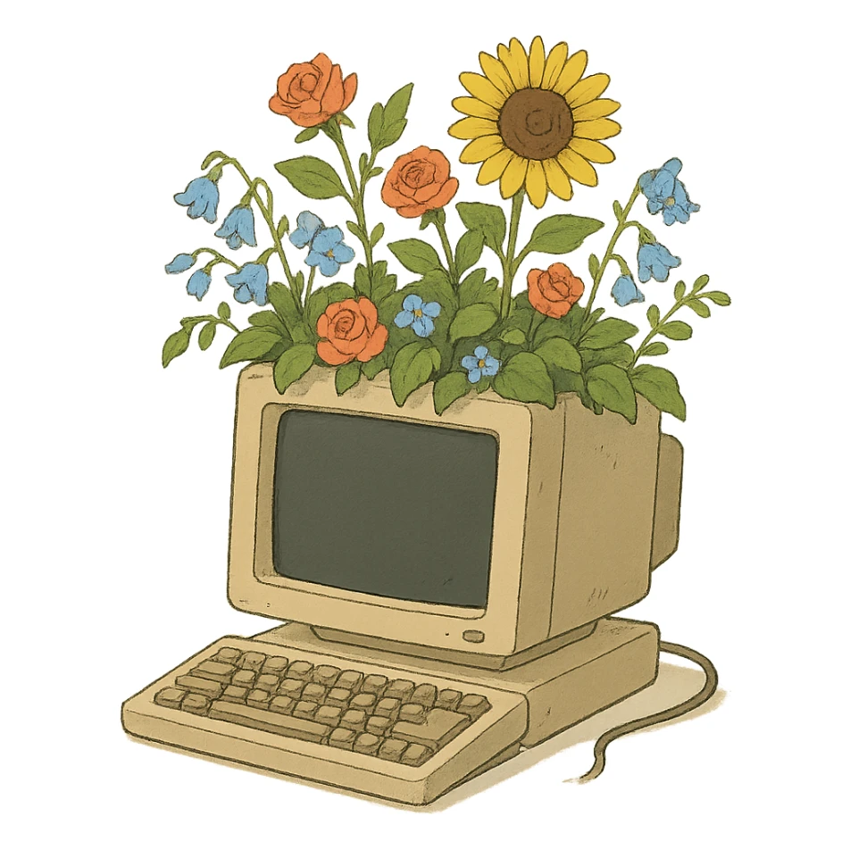 computer with flowers growing out of it sticker