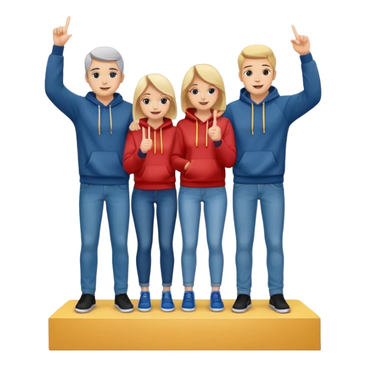 three people in jeans and hoodies on a winners podium with no numbers, middle step higher, center person holds up one finger on each hand, bright cheerful expressive emoji illustration sticker