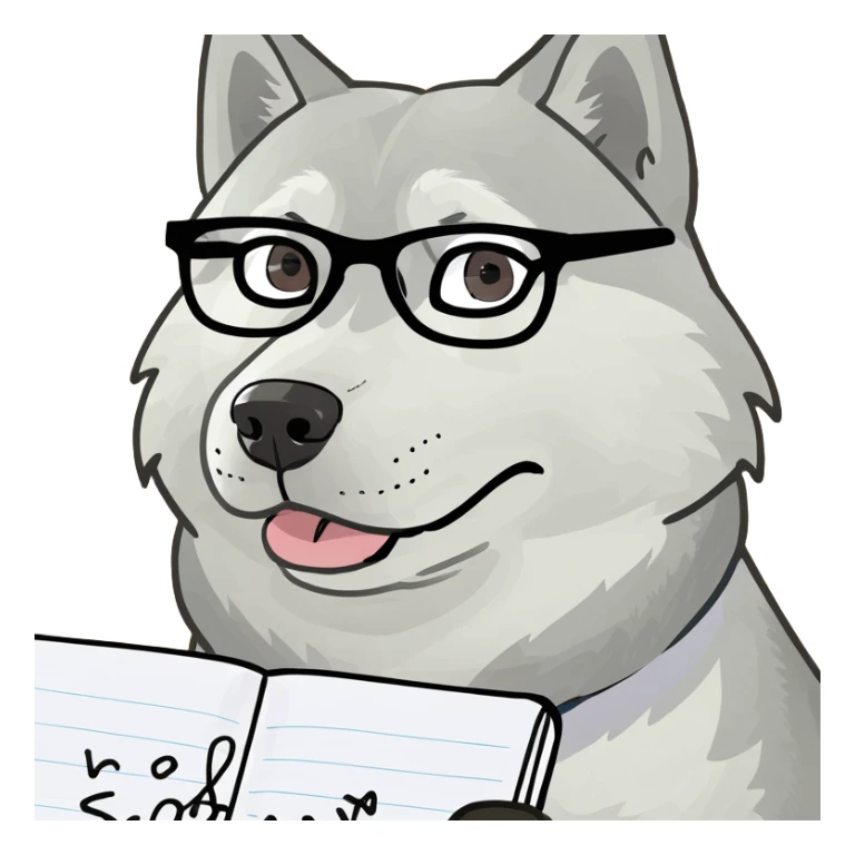 A husky dog with glasses is writing something sticker