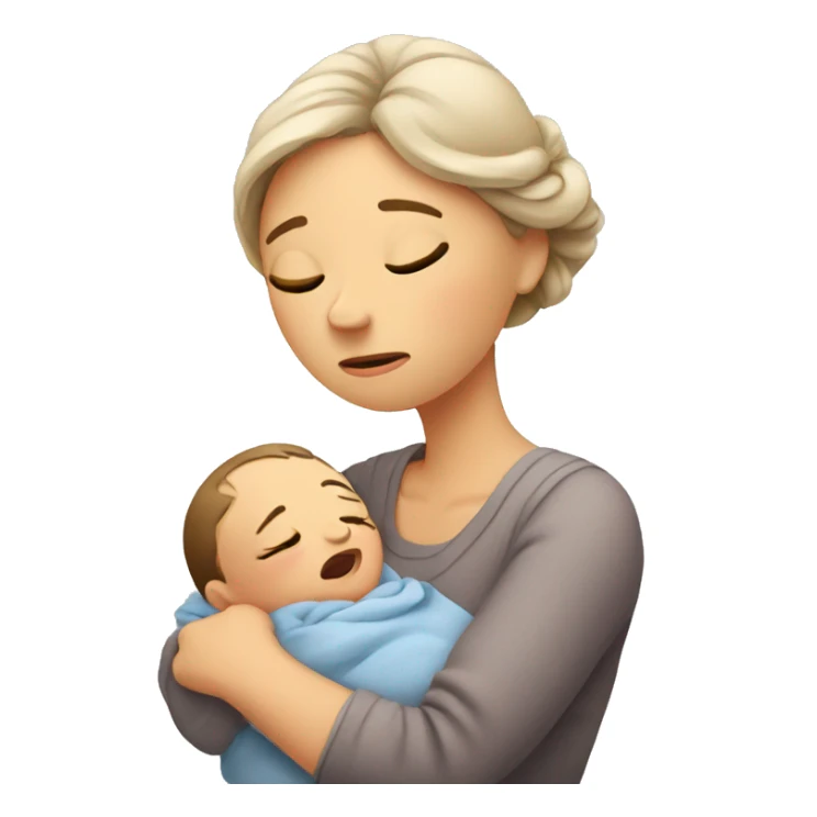 European sad mother with newborn sticker