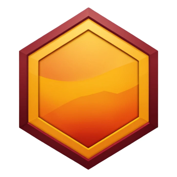 A sharp-edged hexagon with a thick yellow border that shifts slightly toward orange. The inside is a smooth dark-red to maroon gradient. In the center, add a large bold capital V colored with a yellow-orange gradient similar to the border. Keep everything clean, centered, and with no background. sticker