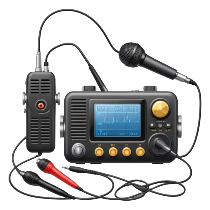 A photorealistic icon featuring a ham radio transceiver, headphones, microphone, antenna, and radio equipment like soldering tools and cables. The design includes detailed textures and realistic lighting, symbolizing the passion for amateur radio and communication. Transparent background. sticker