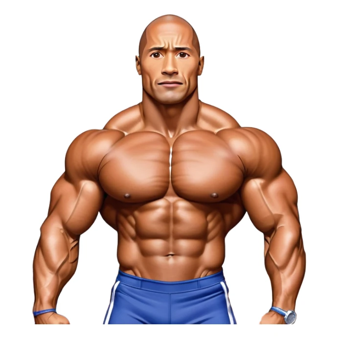 Dwayne Johnson, oiled and posing at the Mr. Universe bodybuilding championship, showcasing his muscular physique in an iconic display of strength. The background features the stage with judges and audience, capturing the intensity and prestige of the competition. Transparent background. sticker
