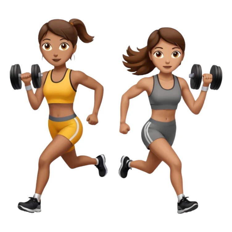 two women, one running and one lifting weights. brown hair, olive skin, hazel eyes. sticker