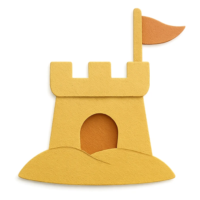 sand castle with layered paper effect on a white background in paper-craft style sticker