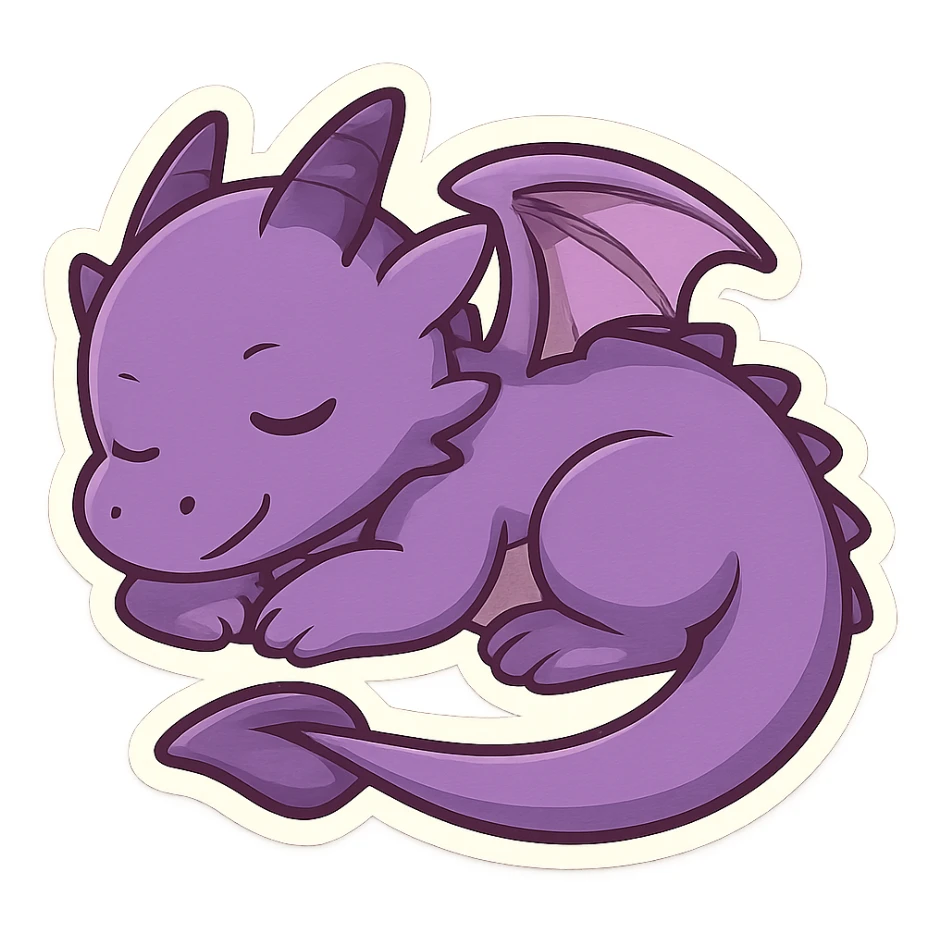 purple dragon in chibi anime style, curled up, sleeping, peaceful sticker