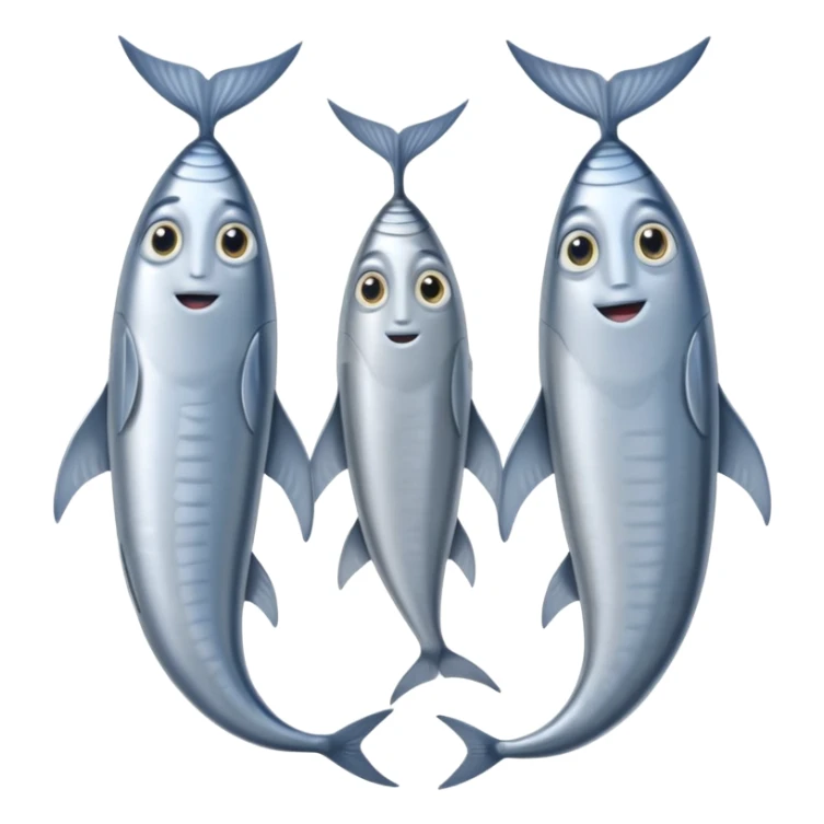 two whole sardines side by side, silvery skin, blue-gray, fine scales, slim elongated bodies, pointed heads, visible eyes, curved tails, soft lighting, emoji scale sticker