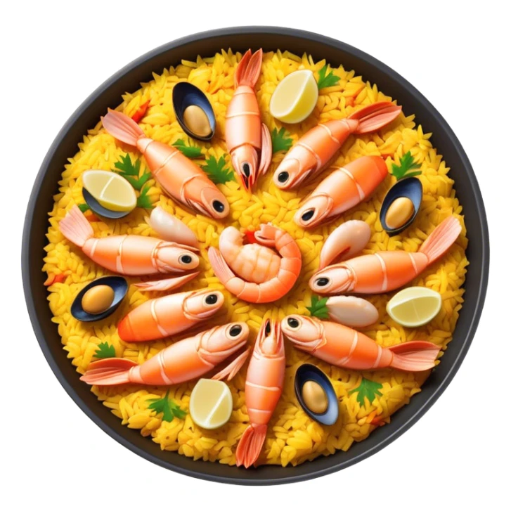 Cinematic Realistic Paella Dish Emoji, depicted as a vibrant, aromatic rice dish loaded with seafood, chicken, and saffron rendered with rich textures and dynamic, warm lighting. sticker