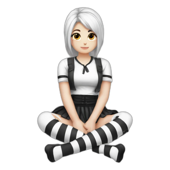 Frontal view curvy emo girl sits white skirt striped stockings hands up sticker