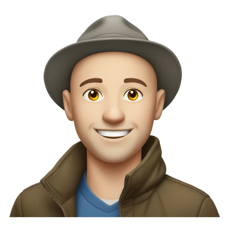 smiling white young bald man outdoors with hat sticker