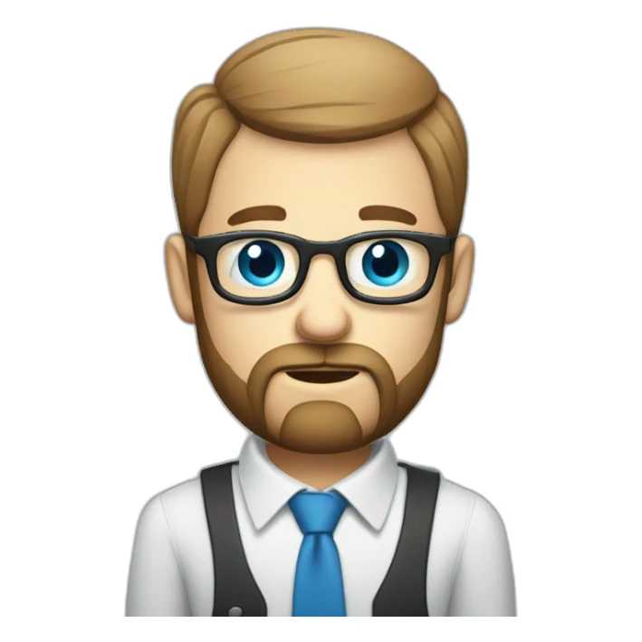 troubled business analyst on a call bald with beard with blue eyes and glasses with a phone sticker