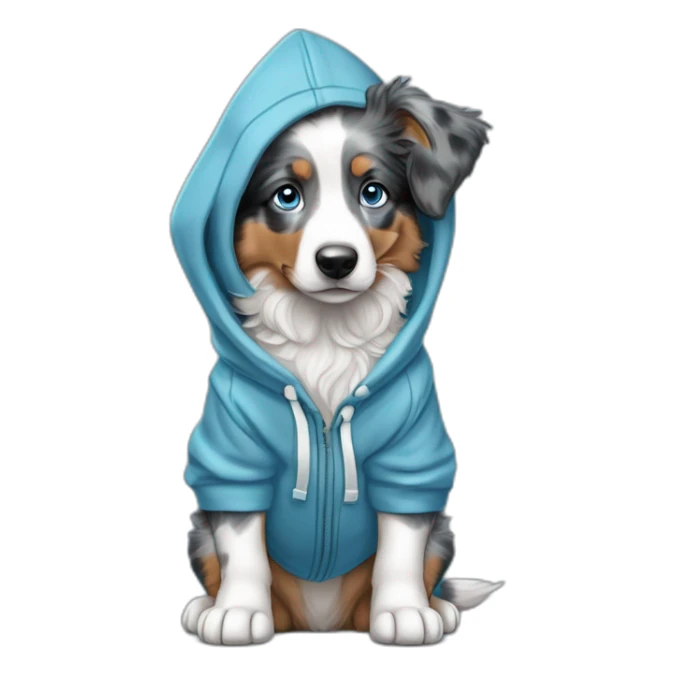 a 6 month old puppy, miniature American shepherd breed, blue merle color, with blue eyes, wearing a blue hooded sweatshirt and a surfboard under his arm sticker