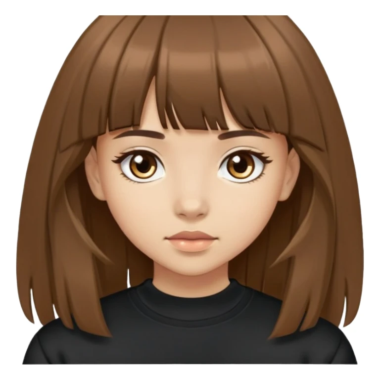 Light skinned girl with brown eyes, long brown hair with bangs, wearing a black sweatshirt sticker