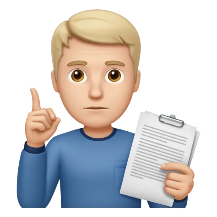 A white man stands with a serious face and points at his hand holding papers. sticker