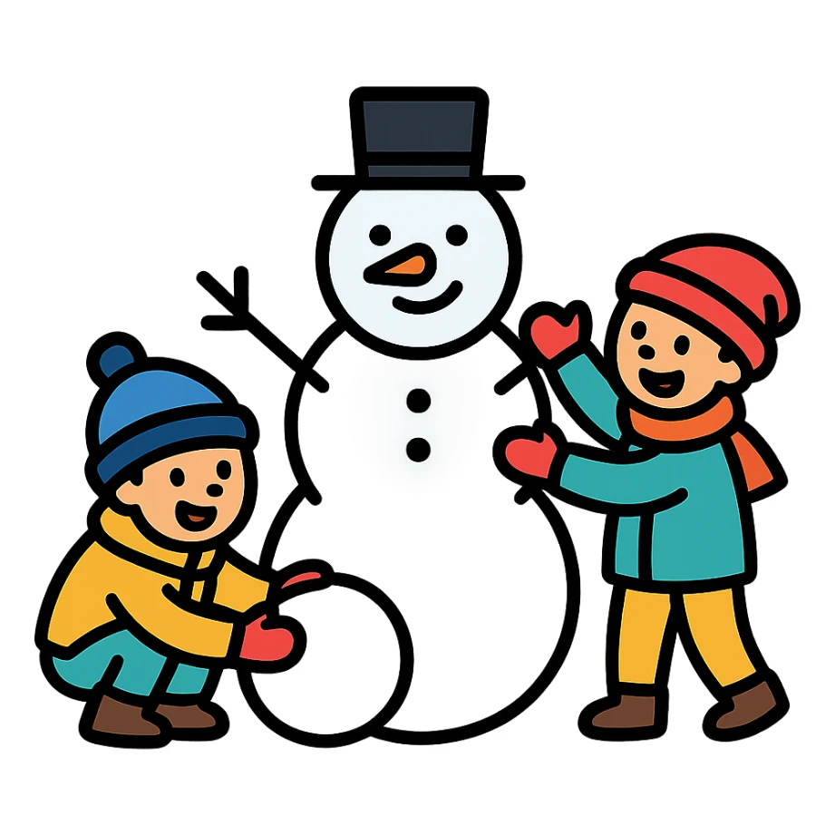 kids building a snowman, cheerful and clear sticker