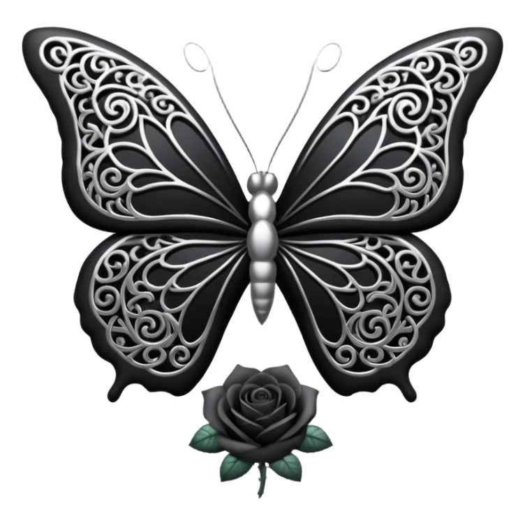 Black and silver filigree rose with a stunning butterfly, 3D, extremely detailed design sticker