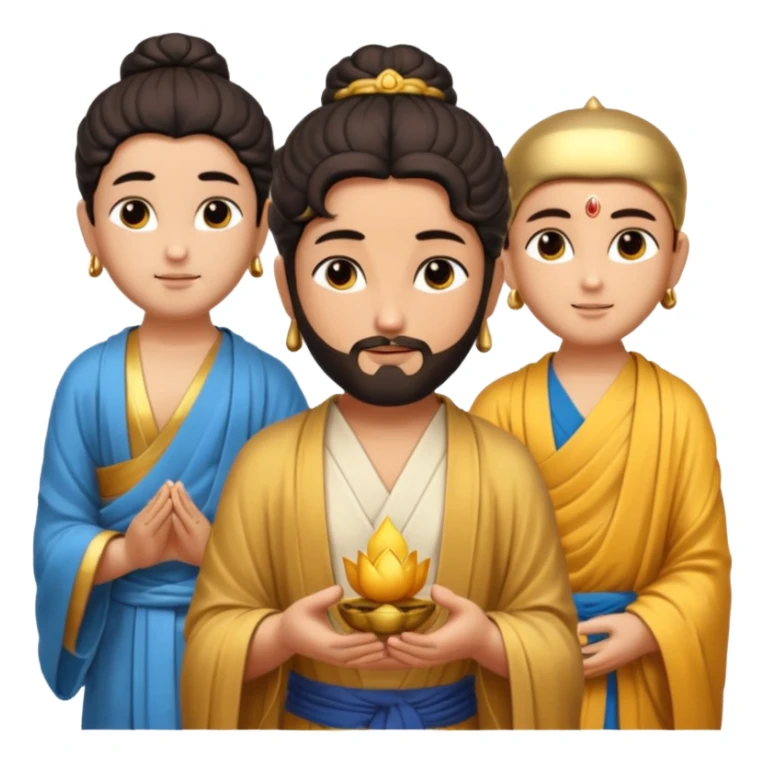 Create a Jesus, Krishna, and Buddha standing together. Buddha: warm golden or light tan skin, dark curled hair with a traditional top bun (ushnisha), half-closed meditative eyes

 sticker