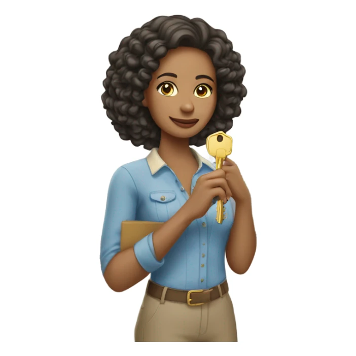 Light skinned woman holding keys to her new house sticker