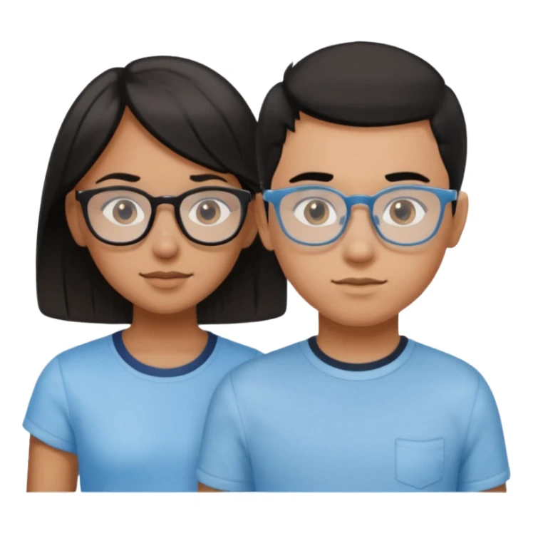 a light brown girl with black medium hair, clear glasses, wearing a light blue top, and a light blue boy next to her sticker