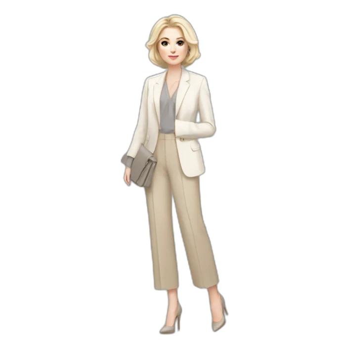 pale skin woman with ash blonde Straightened bob Hair, White Spacious classical jacket, beige palazzo Arrow pants and gray blouse holding a color palettes in the hands sticker