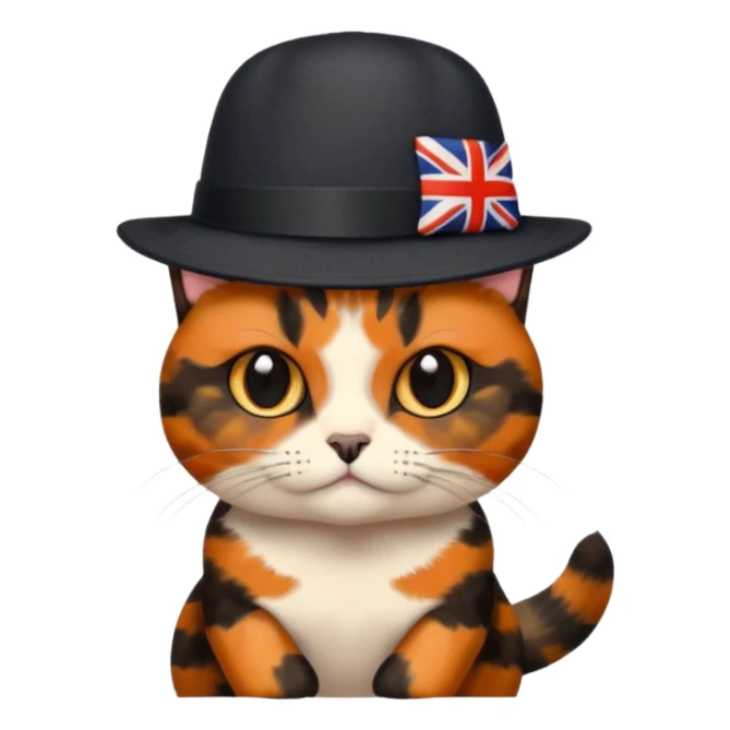 tortoiseshell cat with a british hat, a little sassy. more black than orange sticker