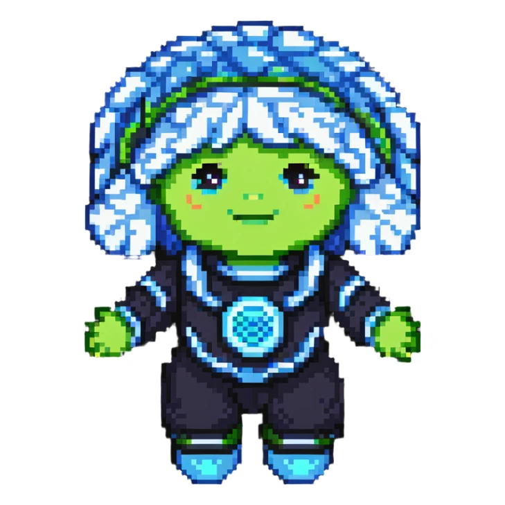 Cabbage Patch Kid as Tron character in 80's pixel art arcade style with vibrant neon colors sticker