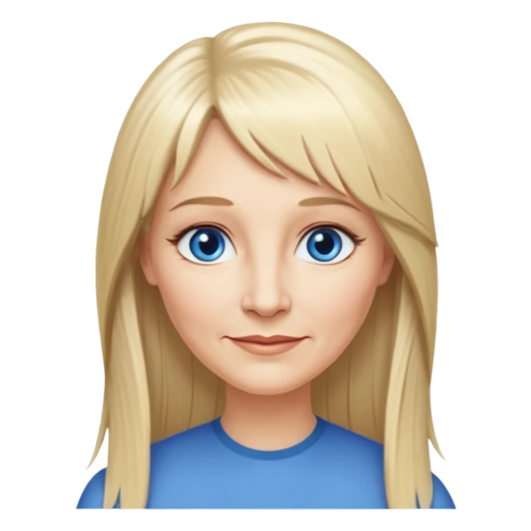 50 yr old white woman, feather bangs, very long straight blond hair, oval face, small smile, blue eyes, thin face, hair downback, hair parted at center of head, round cheeks, pale, longer hair sticker