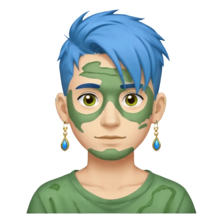messy green clay mask man with earrings and blue hair sticker