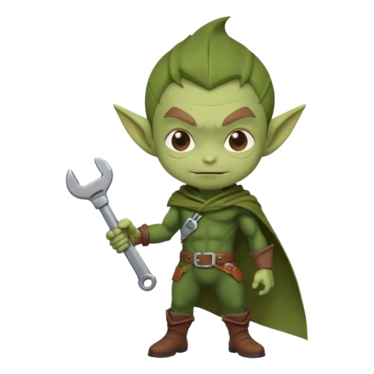 short green goblin, hold a wrench, brown cloth, cute chibi full body sticker