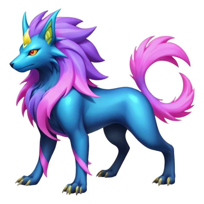 pastel dark bright vibrant futuristic lush warm-colored neon-glowing electric maned Luxray-Suicune-Manectric-Fakémon-Vernid-Digimon-hybrid-creature (full body) sticker