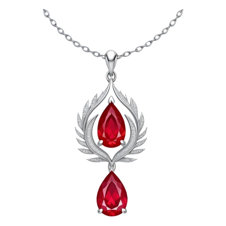 conceptual and ethereal teardrop ruby pendant with fiery light, a tiny phoenix feather emerging, haloed by shimmering white stones, and a silver chain, symbolizing rebirth sticker