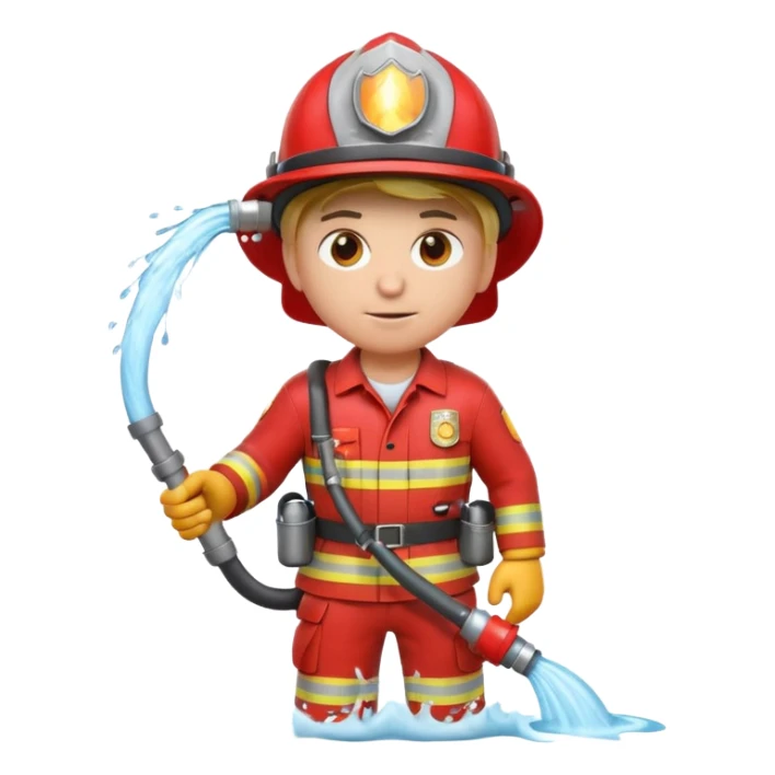 A 3D Apple-style emoji character dressed as a firefighter in a bright red uniform and helmet, holding a fire hose spraying water forward, determined expression with cartoonish eyes, water splashing effect, clean minimal background sticker