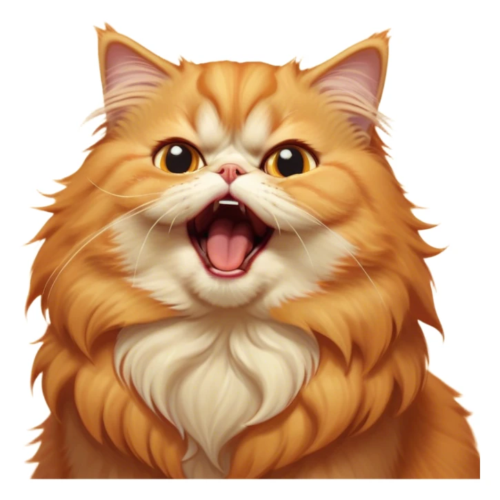 Cinematic Derpy Grumpy Comical Orange Persian Cat Portrait Emoji, Head tilted playfully with an adorably awkward yawning expression, fluffy orange fur with soft cream and golden undertones, Simplified yet hilariously derpy features, highly detailed, glowing with a warm but slightly confused glow, high shine, a mix of lazy and clueless, stylized with a touch of whimsy, bright but with a completely derpy and grumpy face, soft glowing outline, capturing the essence of a quirky yet chubby, grumpy kitty, so endearing it feels like it could stretch out of the screen and demand attention with its wonderfully derpy charm while yawning! sticker