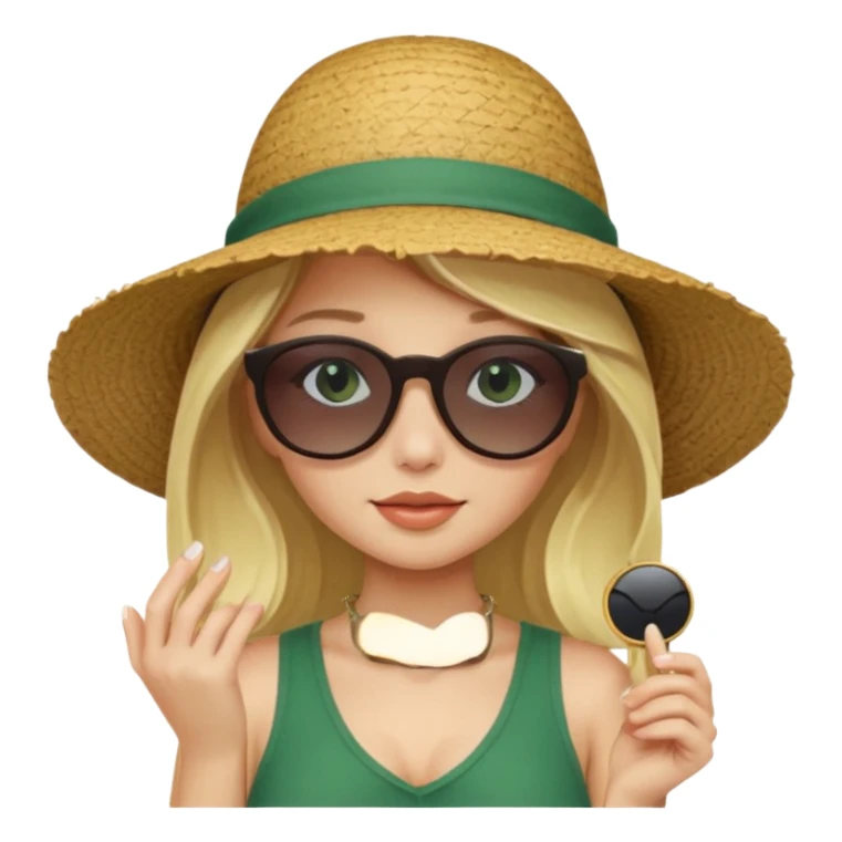 
blonde girl in dark green beach big hat adjusting sunglasses sticker