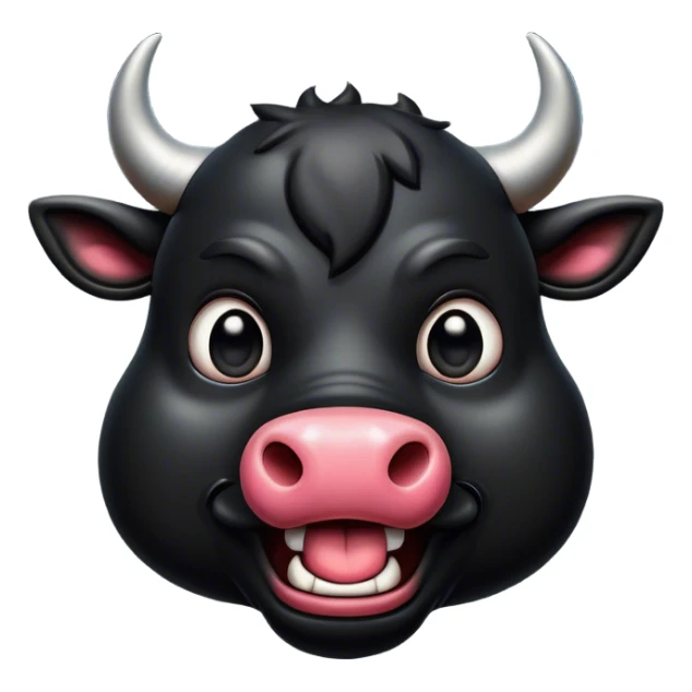 Cinematic Comical Black Bull Portrait Emoji, Head tilted dramatically with an exaggeratedly amused expression, featuring a striking, glossy black hide with a bold natural sheen, wide, expressive dark eyes filled with playful disbelief, Simplified yet hilariously expressive features, highly detailed, glowing with a slightly sassy glow, high shine, dramatic yet playful, stylized with an air of cheeky mischief, bright and endearing, soft glowing outline, capturing the essence of a spirited and over-the-top bull, so meme-worthy it feels like it could charge its way into internet fame instantly! sticker