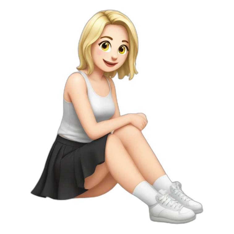 front view full body curvy caucasian beauty sitting straight hands up black skirt white knickers long white socks sticker