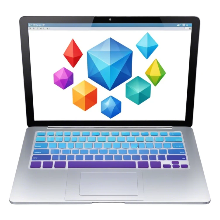 Professional icon for Graphic Design: a laptop with Photoshop open on the screen, displaying geometric shapes like spheres, cubes, and pyramids, along with a stylus. The icon should reflect the creative process in graphic design. Transparent background. sticker