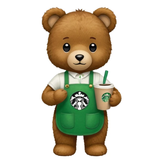 teddy bear wearing green apron with one cup of starbucks coffee sticker