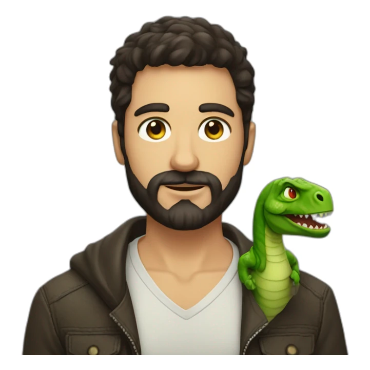 nice man green eyes, dark hair and barbe holding a dinosaur sticker