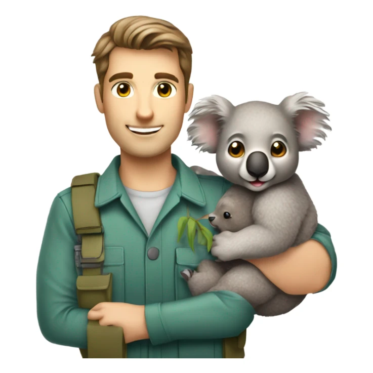 Caucasian brown hair male zookeeper holding cute koala sticker