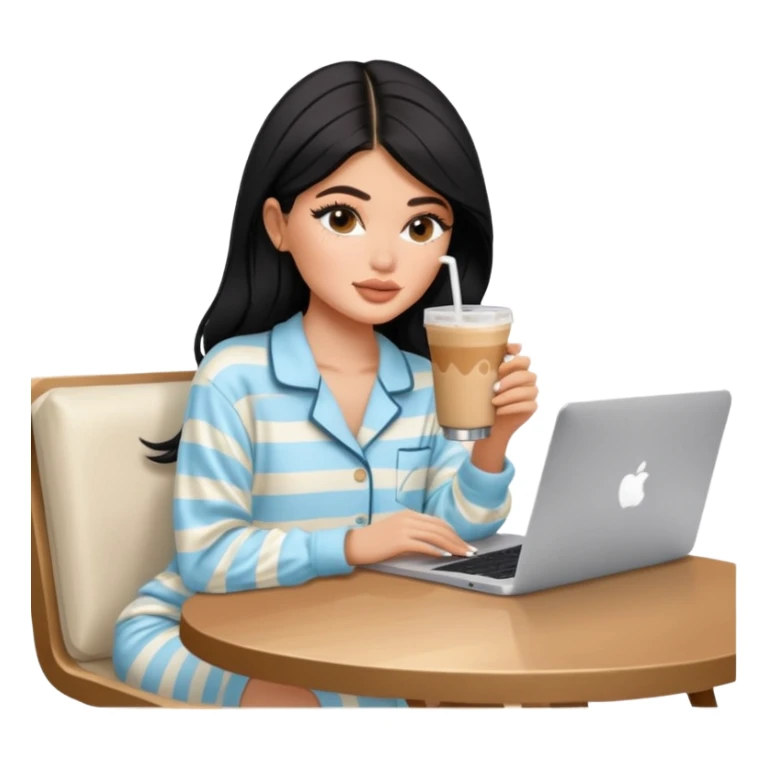 Kylie Jenner sitting learning on macbook in her luxury summer home, she wears Skims pajama and she's drinking 1 iced latte sticker