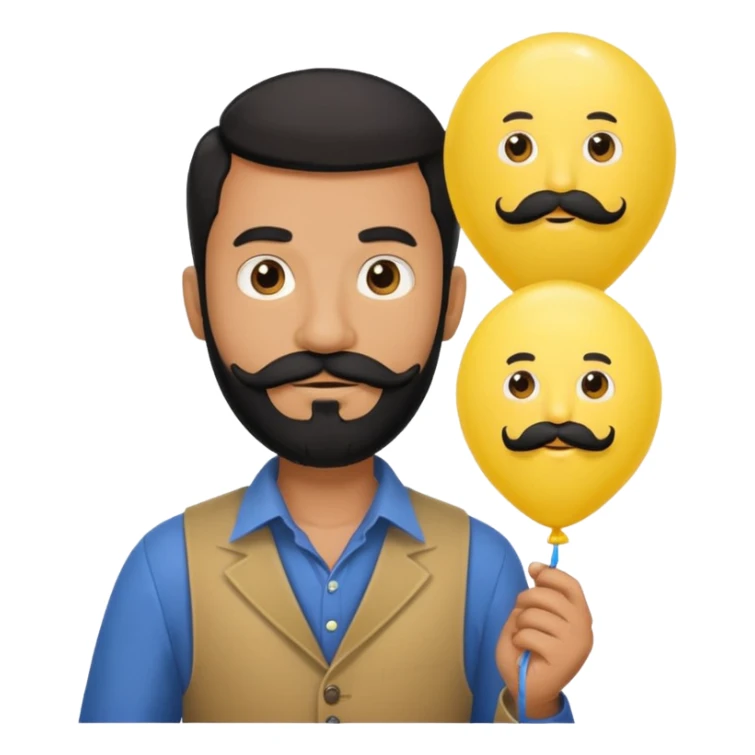 man with black bead and mustache holding star yellow balloon sticker