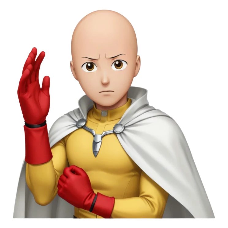 Saitama from One Punch Man, bald head, blank expression, yellow hero suit with white cape, red gloves sticker