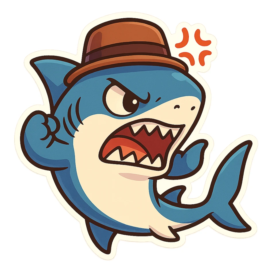 mad shark wearing a hat, expressive, dynamic pose, chibi stickers style, vibrant colors, energetic sticker