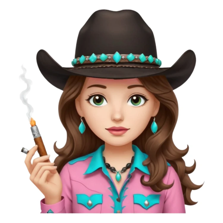 White girl, black cowboy hate with turquoise hat band sparkling, long brown wavy hair, pink western shirt, smoking a joint sticker